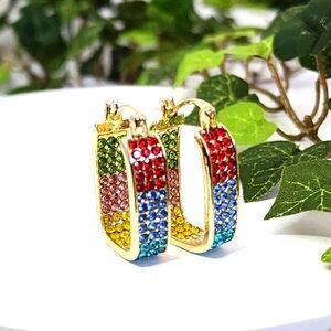 Gold with Multi Color Pave Crystal Rectangle Hoop Earrings